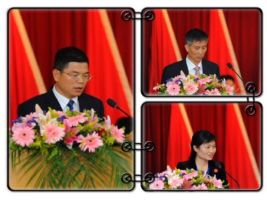 左圖：惠陽區(qū)委常委、紀(jì)委書記余漢平講話。右上圖：惠州市僑聯(lián)主席葉創(chuàng)在開幕式上致辭。右下圖：惠陽區(qū)僑聯(lián)主席蔡敏兒作工作報(bào)告。