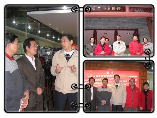 左圖：出席領(lǐng)導(dǎo)參觀書畫展作品，程家煥先生解說各幅作品的創(chuàng)作意圖和風(fēng)貌。右上圖：荔灣區(qū)僑聯(lián)朱小玲主席在程家煥書畫展揭幕儀式上致辭。右下圖：出席領(lǐng)導(dǎo)為程家煥書畫展揭幕后合影。